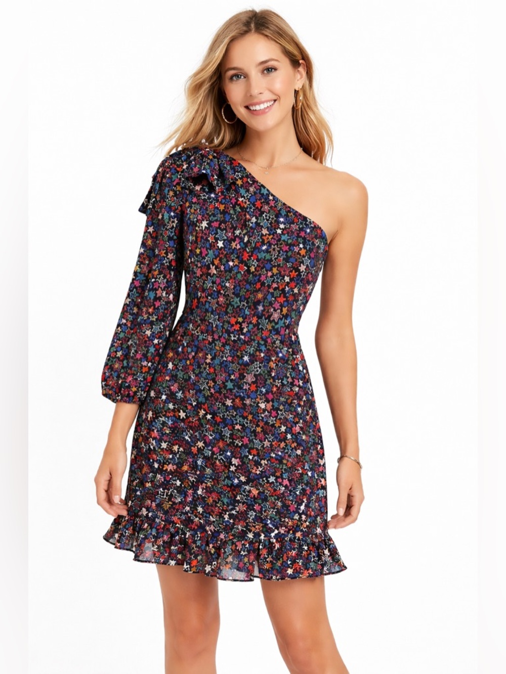 J.Crew One-Shoulder Star Print Mini Ruffle Hem Party Cocktail Dress Size 0